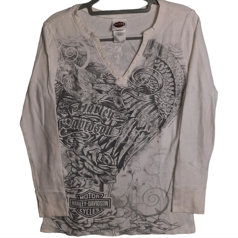 Harley-Davidson Gray Thermal Knit V-Neck Graphic Top SZ XL
